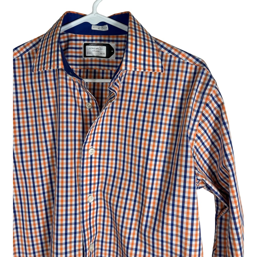 Lorenzo Uomo Mens 15.5 32/33 Trim Fit Non-Iron Gingham Dress Shirt Orange Blue